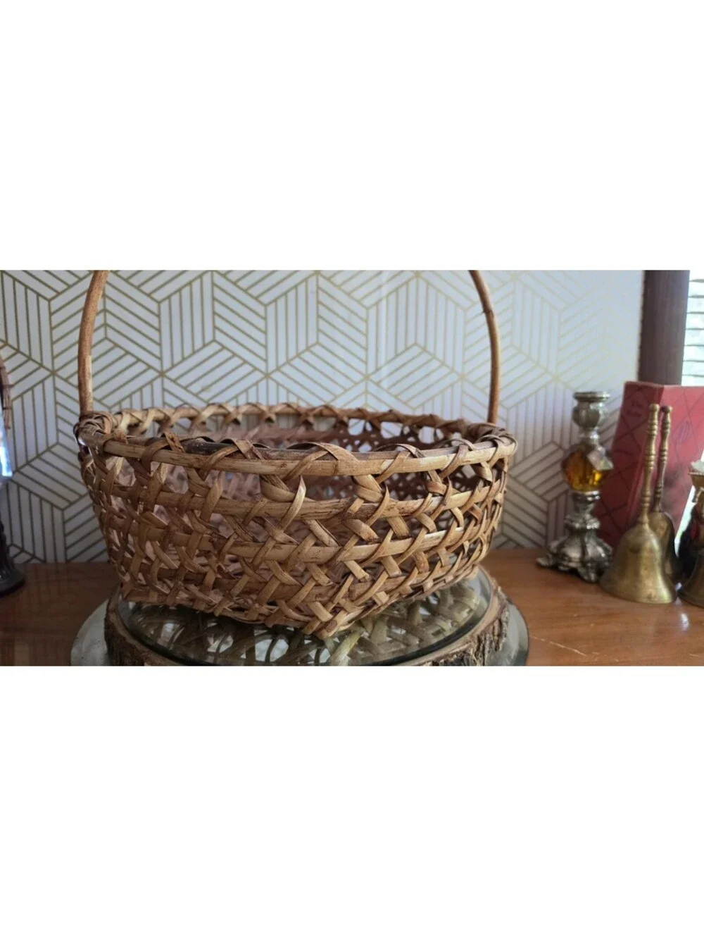 Vintage Woven Bamboo Splint and Wicker Gathering Basket Lg Arched Handle 15